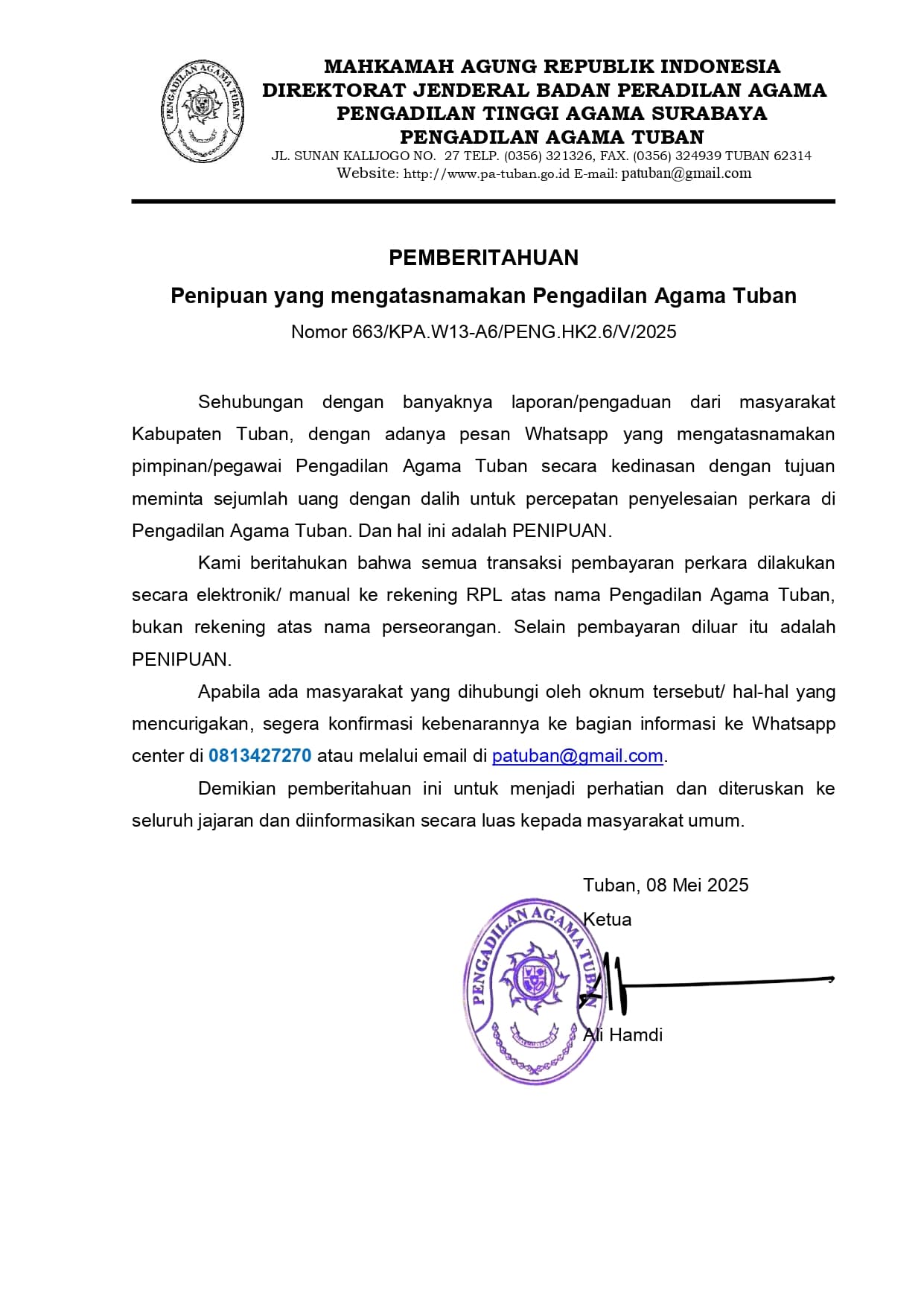 PEMBERITAHUAN
Penipuan yang mengatasnamakan Pengadilan Agama Tuban